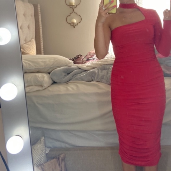 Red one sleeve midi dress - Picture 4 of 5